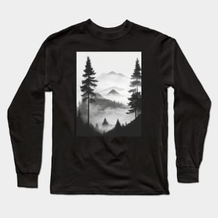 Silhouette of mountain and fog and pine forest Long Sleeve T-Shirt